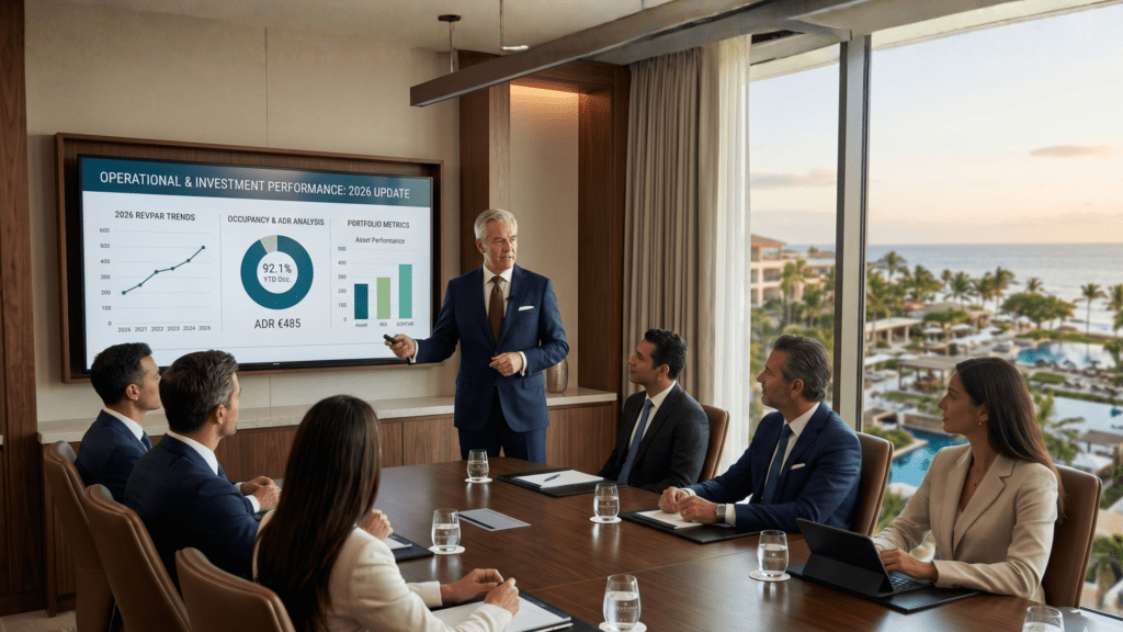 Senior Hospitality executives and ownership stakeholders in a strategic hotel meeting discussing asset performance, operational alignment, and leadership strategy in Hospitality and Operational Real Estate.