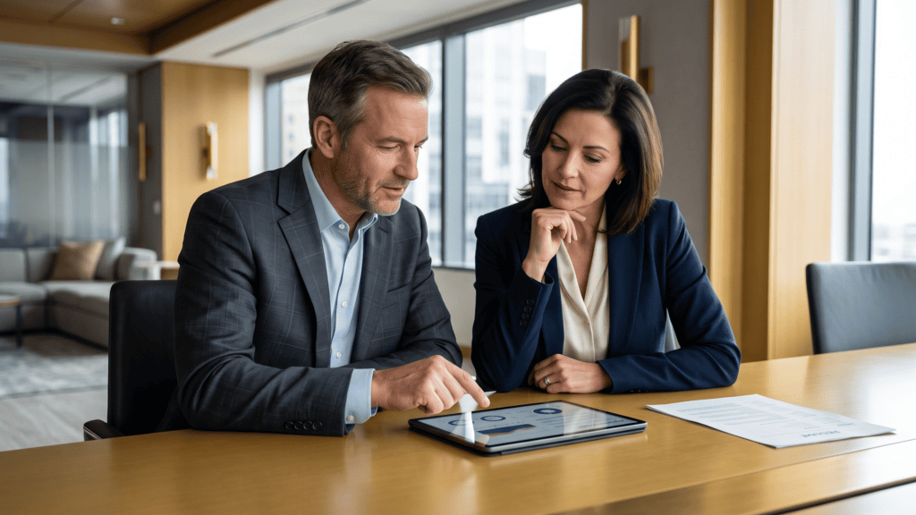 Two senior executives reviewing business performance data on a tablet during a Hospitality leadership hiring discussion.